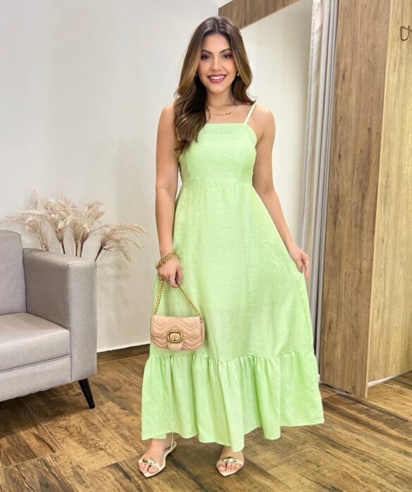 Vestido Longo Laisa sem Bojo Alça Regulável com Lastex Verde - Fernanda Ramos Store