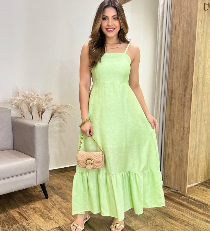 Vestido Longo Laisa sem Bojo Alça Regulável com Lastex Verde - Fernanda Ramos Store