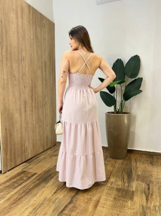 Vestido Longo Lara sem Bojo Alça Regulável Lastex Listrado Rose - Fernanda Ramos Store