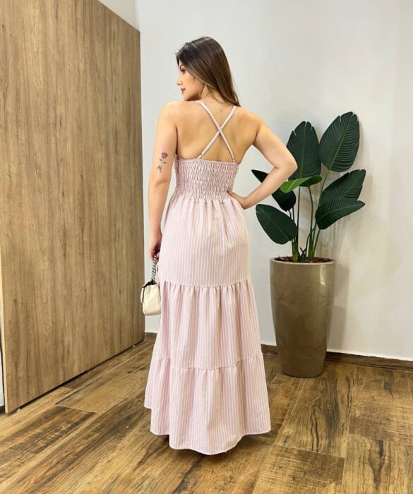 Vestido Longo Lara sem Bojo Alça Regulável Látex Listrado Rose - Fernanda Ramos Store