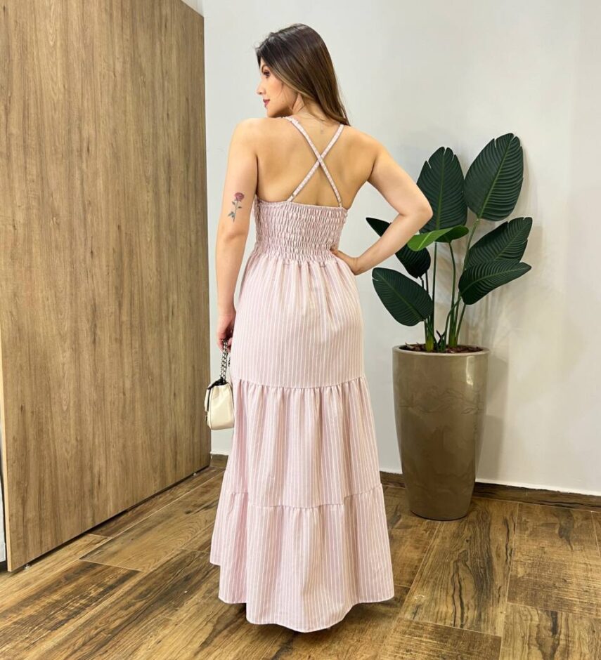 Vestido Longo Lara sem Bojo Alça Regulável Lastex Listrado Rose - Fernanda Ramos Store