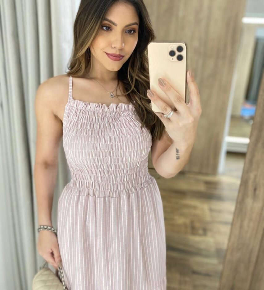 Vestido Longo Lara sem Bojo Alça Regulável Lastex Listrado Rose - Fernanda Ramos Store