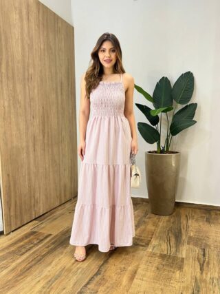 Vestido Longo Lara sem Bojo Alça Regulável Lastex Listrado Rose - Fernanda Ramos Store