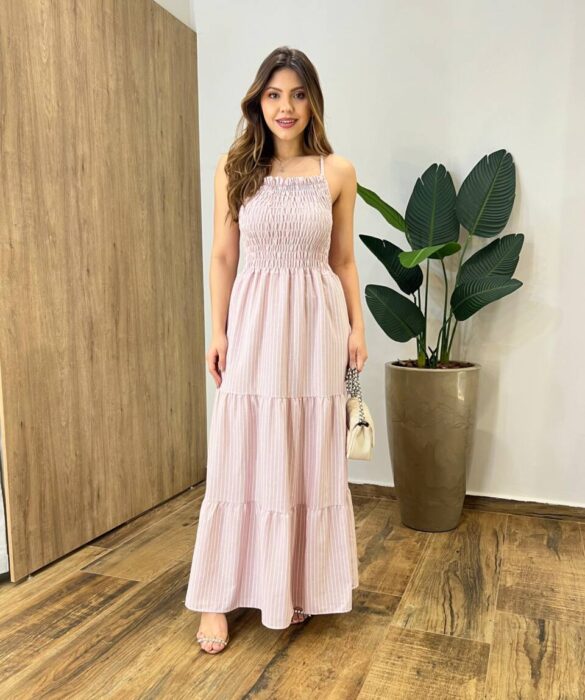 Vestido Longo Lara sem Bojo Alça Regulável Látex Listrado Rose - Fernanda Ramos Store