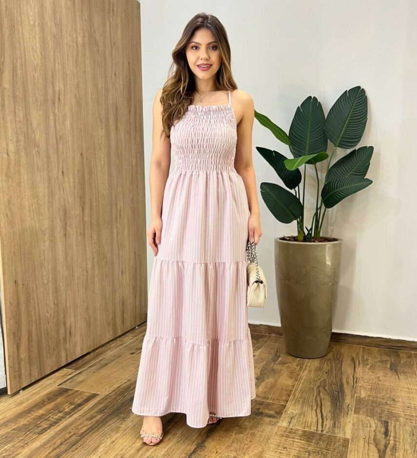 Vestido Longo Lara sem Bojo Alça Regulável Lastex Listrado Rose - Fernanda Ramos Store