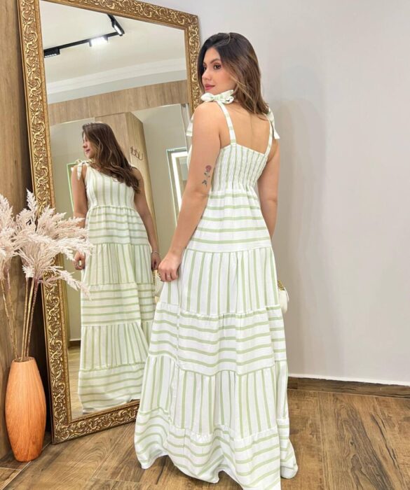 Vestido Longo Liz com Bojo Amarração nas Alças e Listras Verde - Fernanda Ramos Store