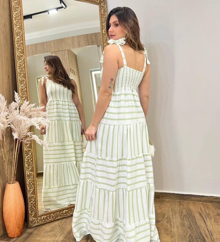 Vestido Longo Liz com Bojo Amarração nas Alças e Listras Verde - Fernanda Ramos Store