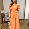 Vestido Longo Louise sem Bojo Manga Curta Babados e Amarração Laranja - Fernanda Ramos Store