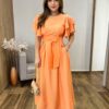 Vestido Longo Louise sem Bojo Manga Curta Babados e Amarração Laranja - Fernanda Ramos Store