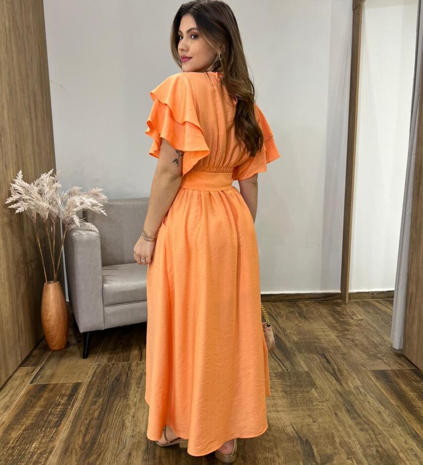 Vestido Longo Louise sem Bojo Manga Curta Babados e Amarração Laranja - Fernanda Ramos Store