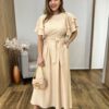 Vestido Longo Louise sem Bojo Manga Curta Babados e Amarração Nude - Fernanda Ramos Store