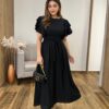 Vestido Longo Louise sem Bojo Manga Curta Babados e Amarração Preto - Fernanda Ramos Store