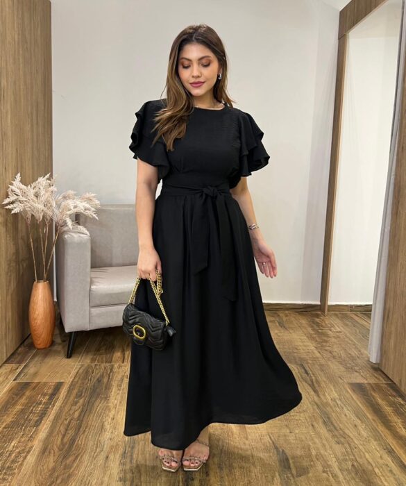 Vestido Longo Louise sem Bojo Manga Curta Babados e Amarração Preto - Fernanda Ramos Store