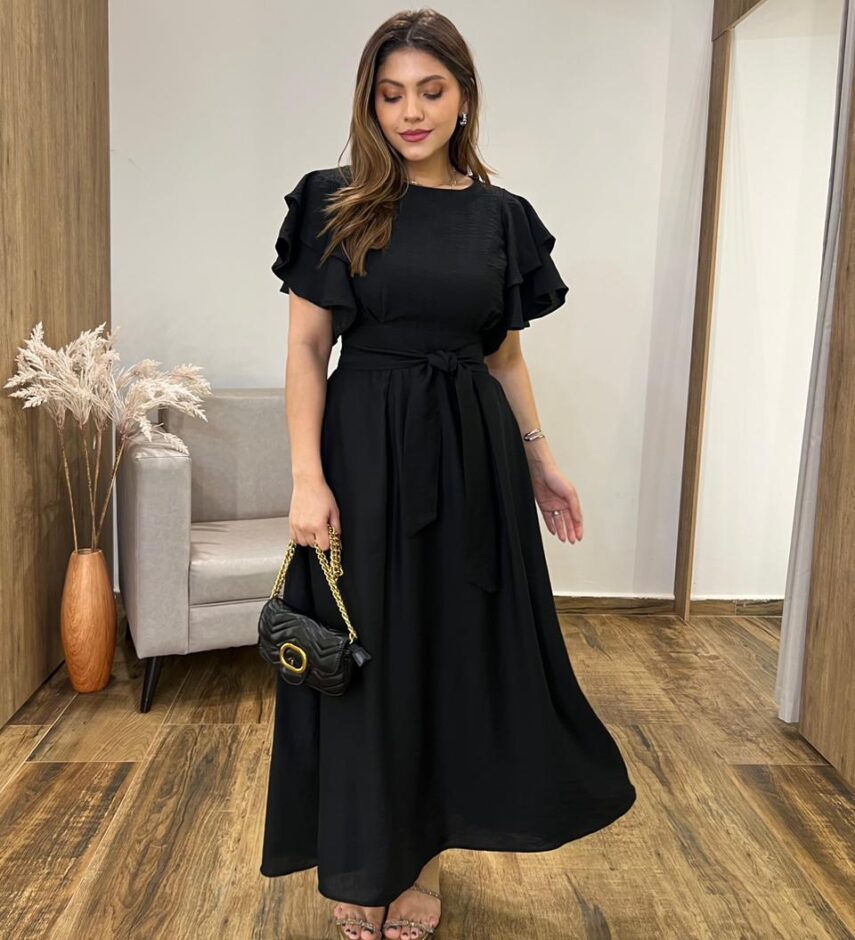 Vestido Longo Louise sem Bojo Manga Curta Babados e Amarração Preto - Fernanda Ramos Store