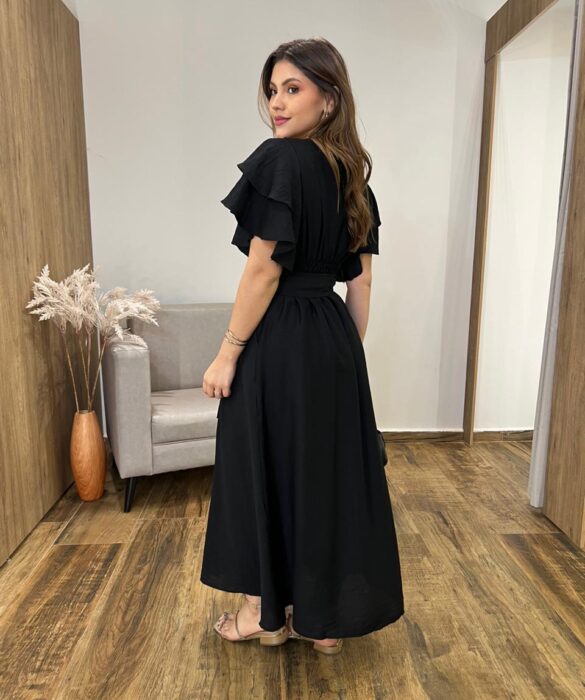 Vestido Longo Louise sem Bojo Manga Curta Babados e Amarração Preto - Fernanda Ramos Store