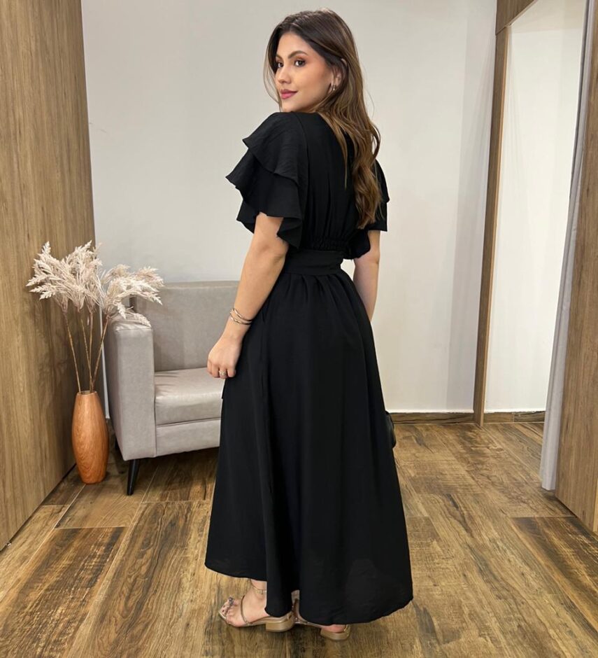 Vestido Longo Louise sem Bojo Manga Curta Babados e Amarração Preto - Fernanda Ramos Store