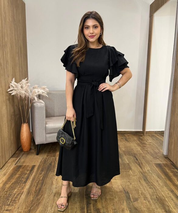 Vestido Longo Louise sem Bojo Manga Curta Babados e Amarração Preto - Fernanda Ramos Store