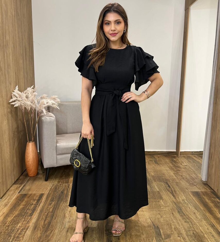 Vestido Longo Louise sem Bojo Manga Curta Babados e Amarração Preto - Fernanda Ramos Store