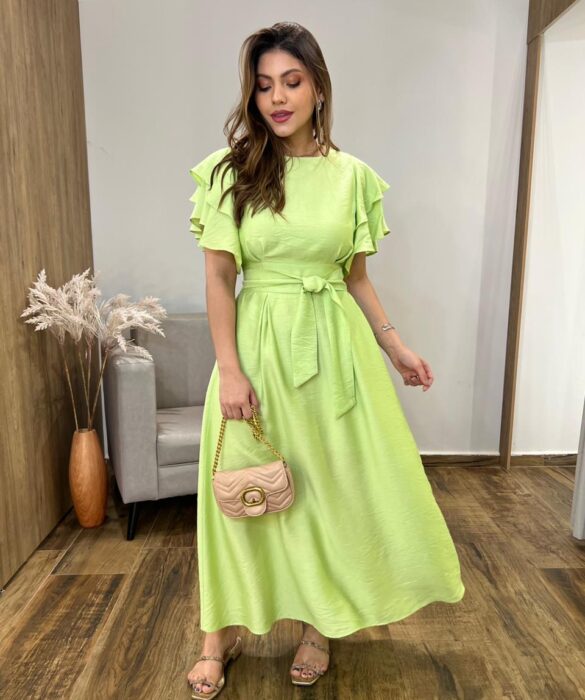 Vestido Longo Louise sem Bojo Manga Curta Babados e Amarração Verde - Fernanda Ramos Store