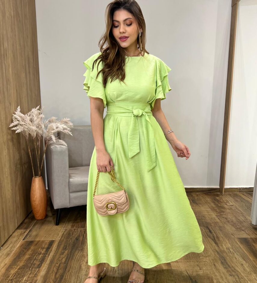Vestido Longo Louise sem Bojo Manga Curta Babados e Amarração Verde - Fernanda Ramos Store
