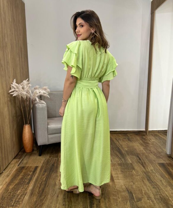 Vestido Longo Louise sem Bojo Manga Curta Babados e Amarração Verde - Fernanda Ramos Store