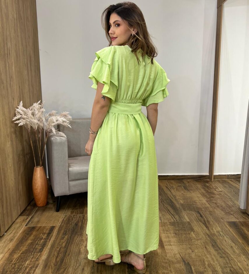 Vestido Longo Louise sem Bojo Manga Curta Babados e Amarração Verde - Fernanda Ramos Store