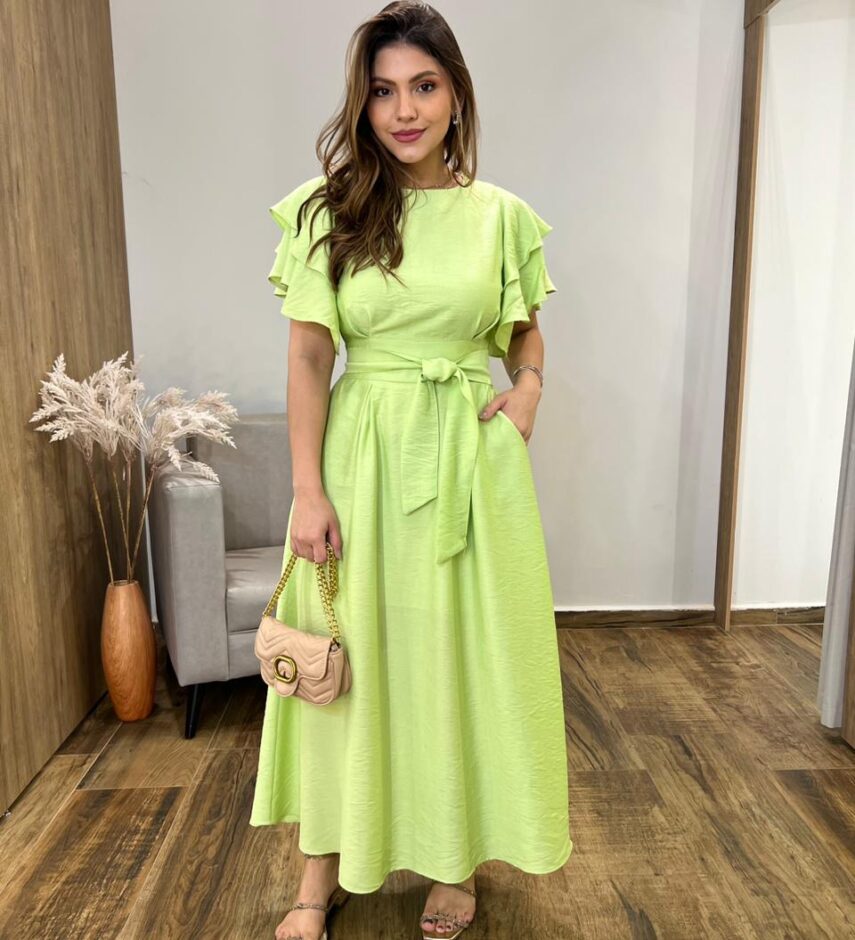 Vestido Longo Louise sem Bojo Manga Curta Babados e Amarração Verde - Fernanda Ramos Store