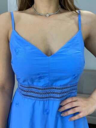 Vestido Longo Maitê com Bojo Detalhe em Guipir Azul - Fernanda Ramos Store