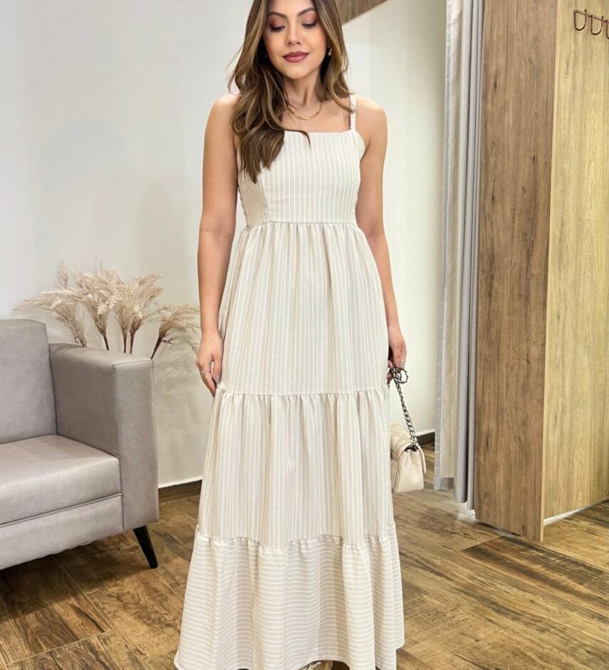 Vestido Longo Maju sem Bojo Alça Regulável Listrado Bege - Fernanda Ramos Store