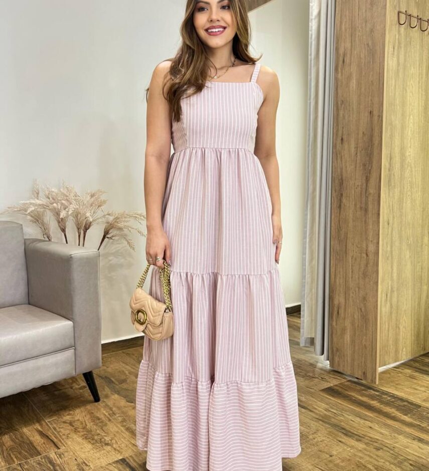 Vestido Longo Maju sem Bojo Alça Regulável Listrado Rose - Fernanda Ramos Store