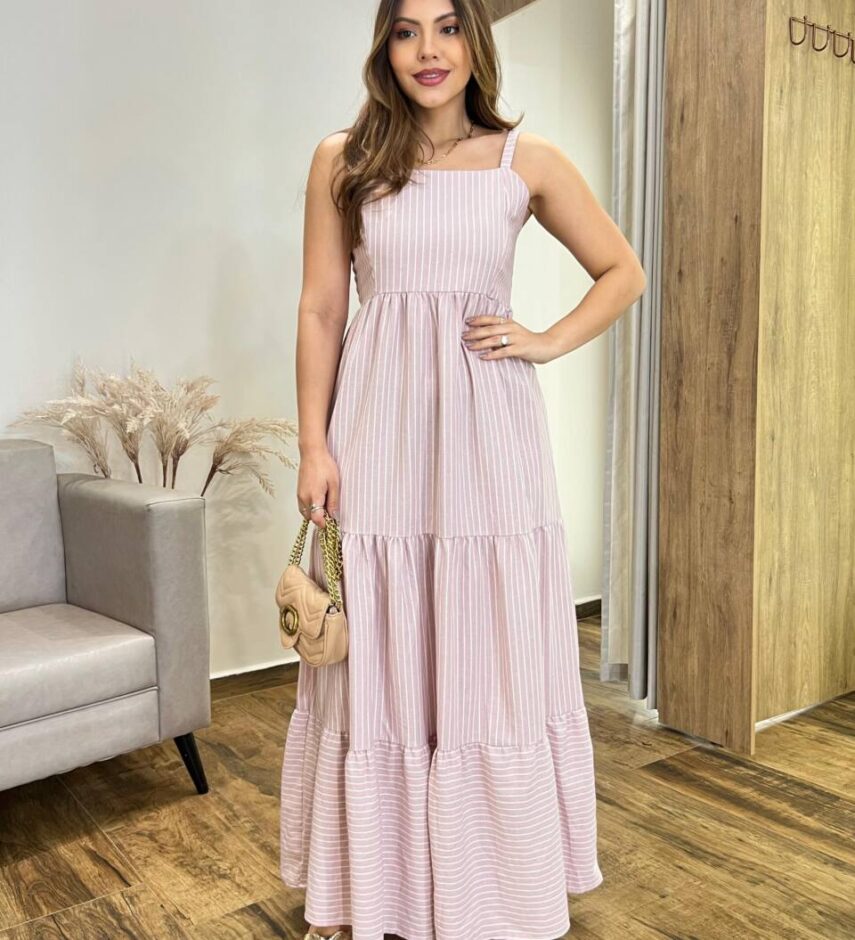 Vestido Longo Maju sem Bojo Alça Regulável Listrado Rose - Fernanda Ramos Store