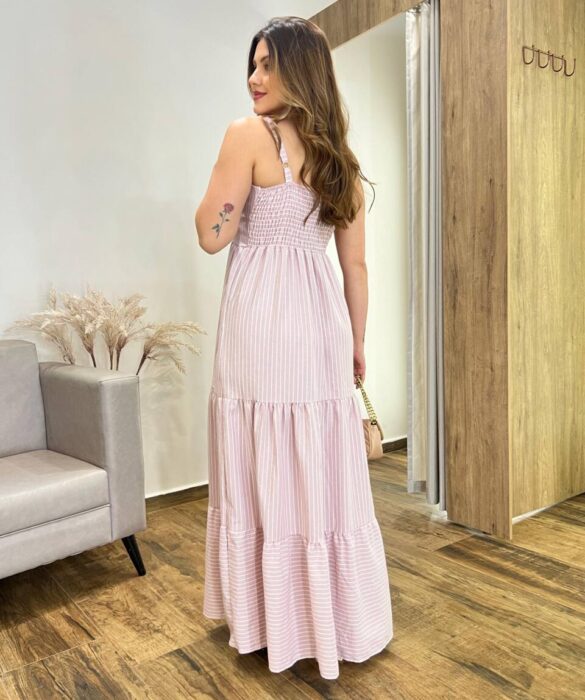 Vestido Longo Maju sem Bojo Alça Regulável Listrado Rose - Fernanda Ramos Store