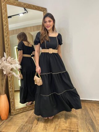 Vestido Longo Manga Curta Luana sem Bojo Preto com Cinto e Detalhes - Fernanda Ramos Store