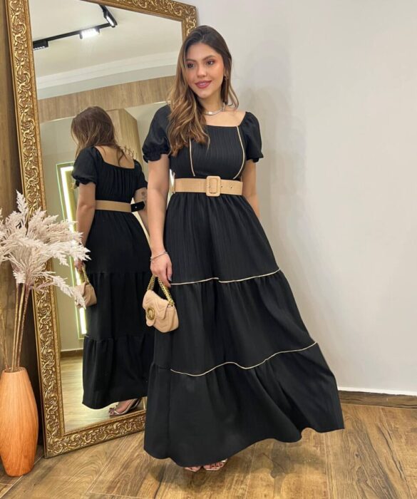 Vestido Longo Manga Curta Luana sem Bojo Preto com Cinto e Detalhes - Fernanda Ramos Store