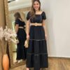 Vestido Longo Manga Curta Luana sem Bojo Preto com Cinto e Detalhes - Fernanda Ramos Store