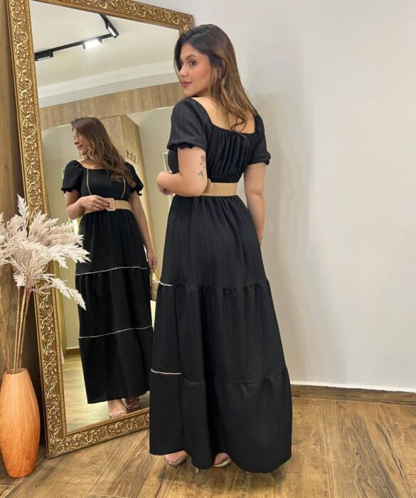 Vestido Longo Manga Curta Luana sem Bojo Preto com Cinto e Detalhes - Fernanda Ramos Store