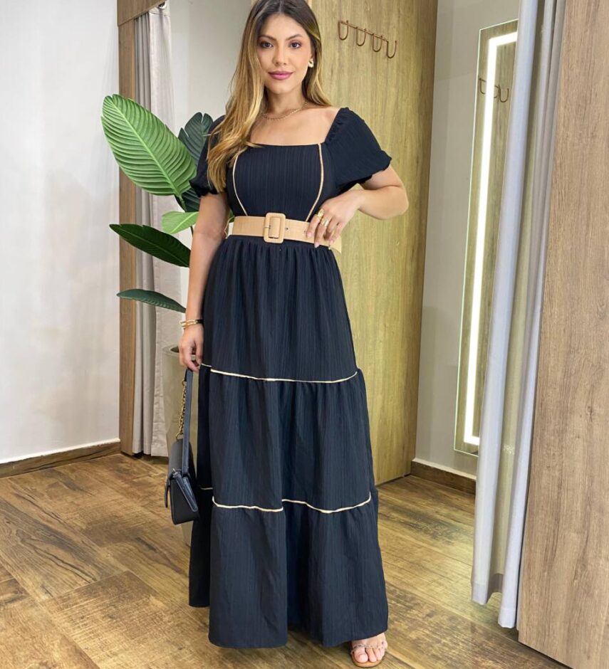 Vestido Longo Manga Curta Luana sem Bojo Preto com Cinto e Detalhes - Fernanda Ramos Store