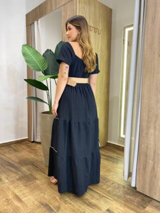 Vestido Longo Manga Curta Luana sem Bojo Preto com Cinto e Detalhes - Fernanda Ramos Store