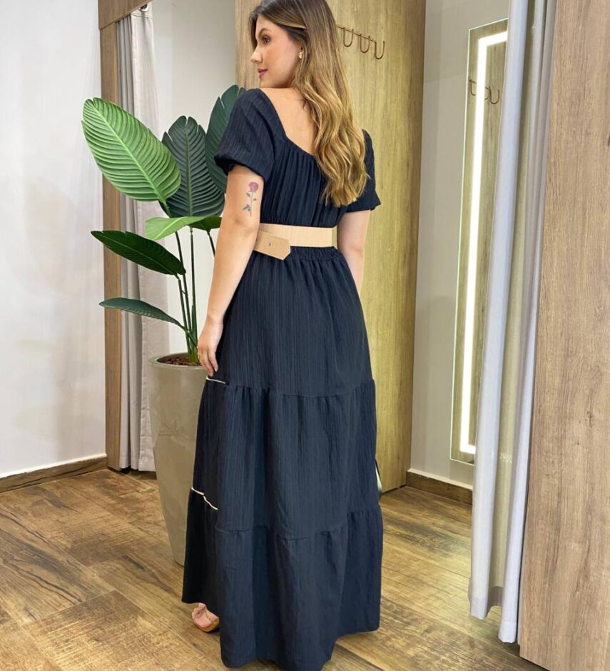 Vestido Longo Manga Curta Luana sem Bojo Preto com Cinto e Detalhes - Fernanda Ramos Store