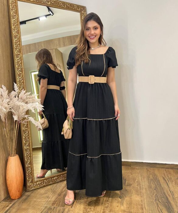 Vestido Longo Manga Curta Luana sem Bojo Preto com Cinto e Detalhes - Fernanda Ramos Store