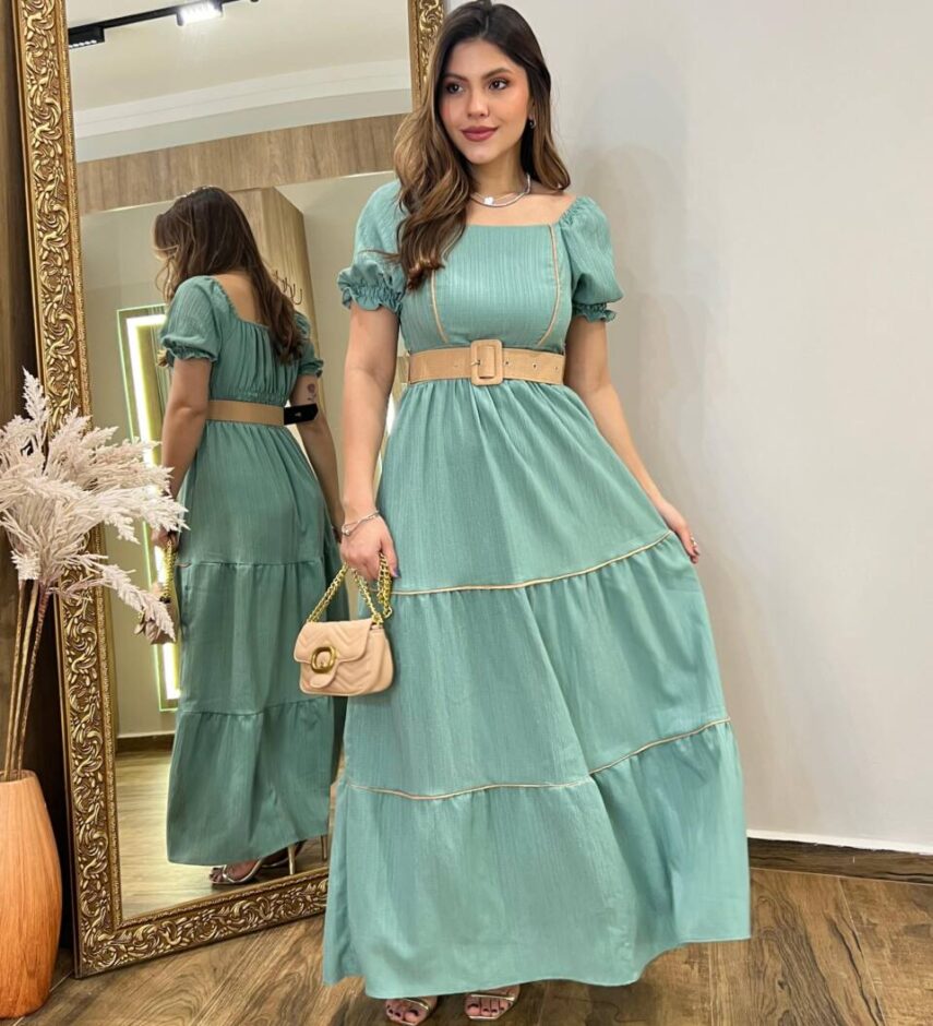 Vestido Longo Manga Curta Luana sem Bojo Verde com Cinto e Detalhes - Fernanda Ramos Store