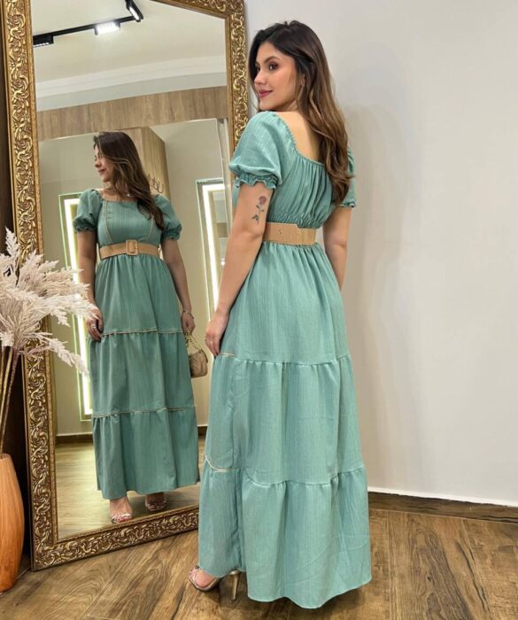 Vestido Longo Manga Curta Luana sem Bojo Verde com Cinto e Detalhes - Fernanda Ramos Store