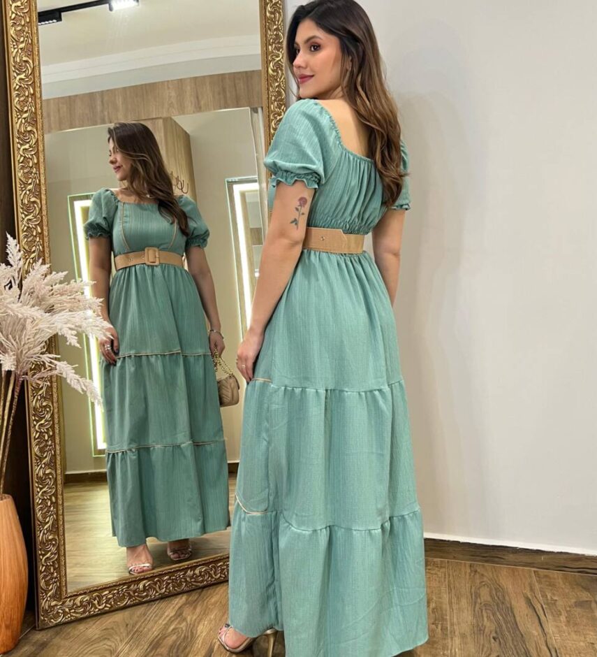Vestido Longo Manga Curta Luana sem Bojo Verde com Cinto e Detalhes - Fernanda Ramos Store
