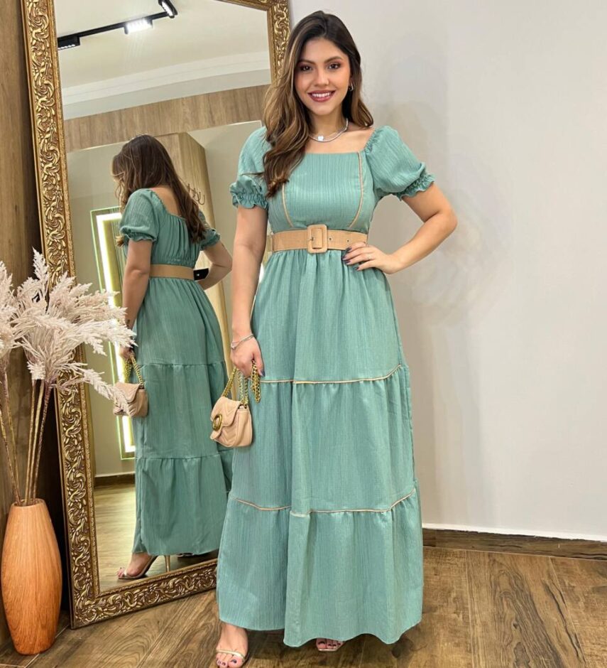 Vestido Longo Manga Curta Luana sem Bojo Verde com Cinto e Detalhes - Fernanda Ramos Store