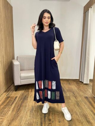 Vestido Longo Manga Curta sem bojo de Malha Fenda Lateral Azul Marinho - Fernanda Ramos Store