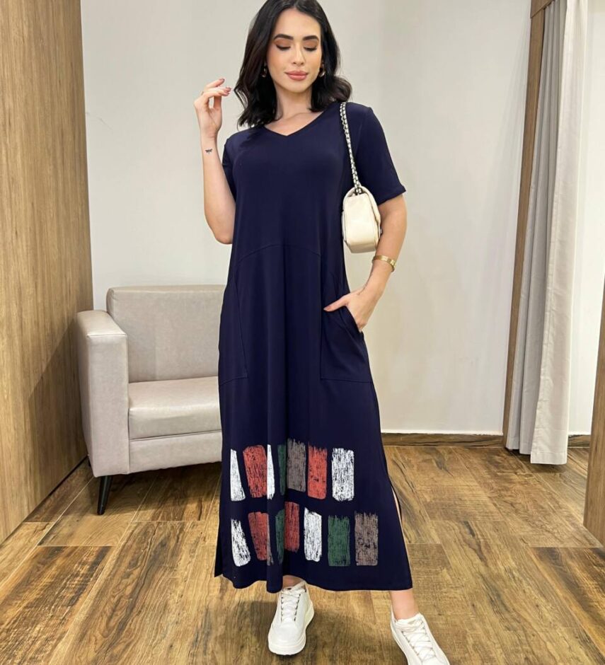 Vestido Longo Manga Curta sem bojo de Malha Fenda Lateral Azul Marinho - Fernanda Ramos Store
