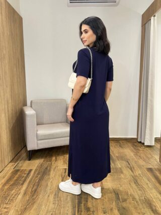 Vestido Longo Manga Curta sem bojo de Malha Fenda Lateral Azul Marinho - Fernanda Ramos Store