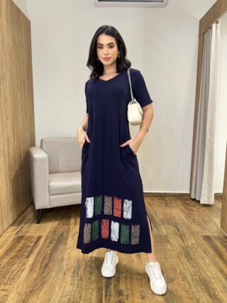 Vestido Longo Manga Curta sem bojo de Malha Fenda Lateral Azul Marinho - Fernanda Ramos Store