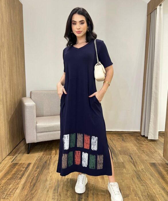 Vestido Longo Manga Curta sem bojo de Malha Fenda Lateral Azul Marinho - Fernanda Ramos Store