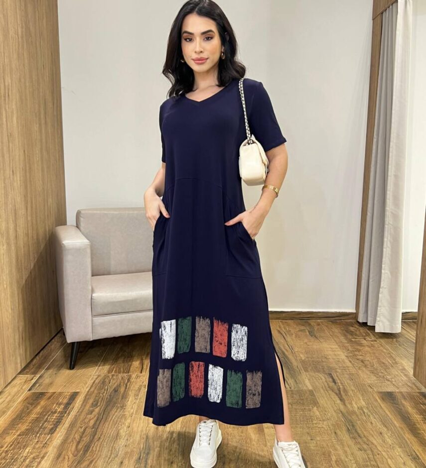 Vestido Longo Manga Curta sem bojo de Malha Fenda Lateral Azul Marinho - Fernanda Ramos Store